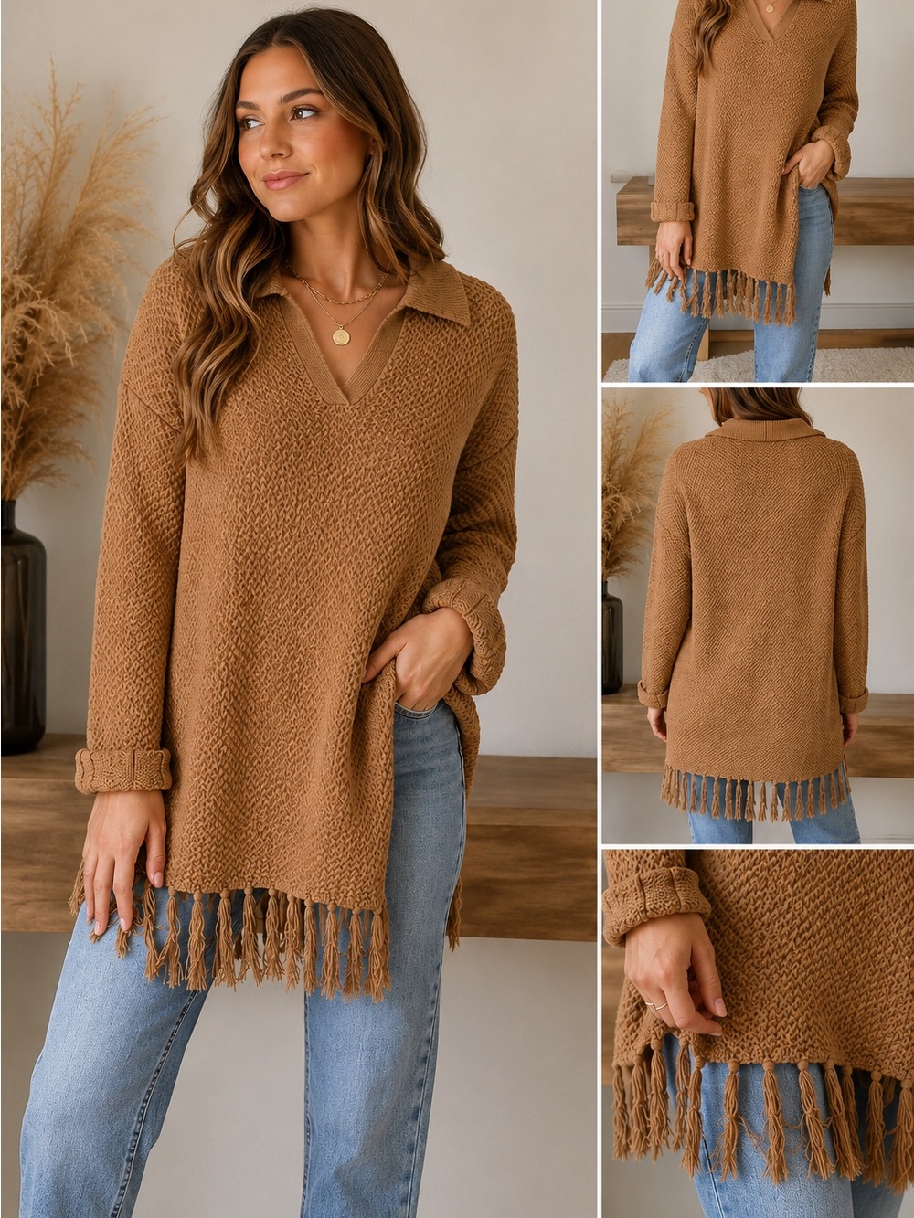 Camel Brown Collared V-Neck Boho Fringe Hem Oversized Sweater Tunic XS